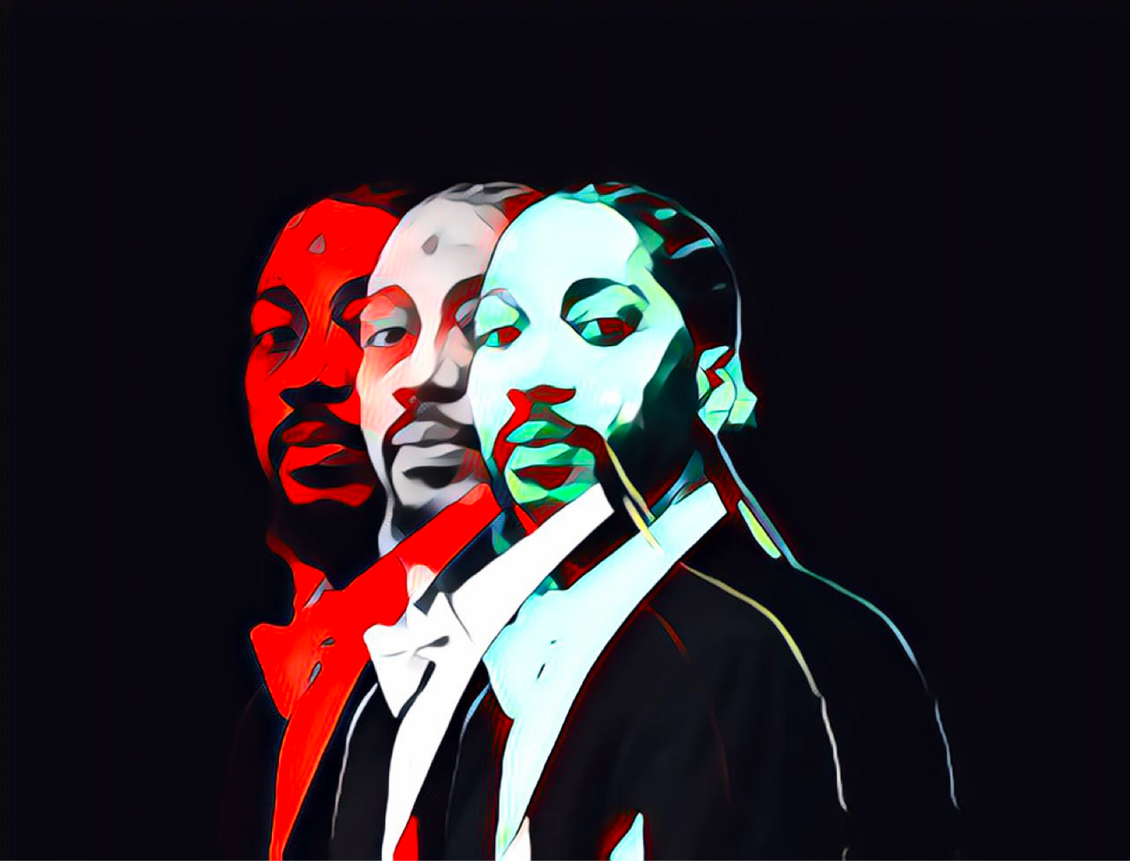 Stylized triptych portrait of Jerome Robert Smith in a tuxedo